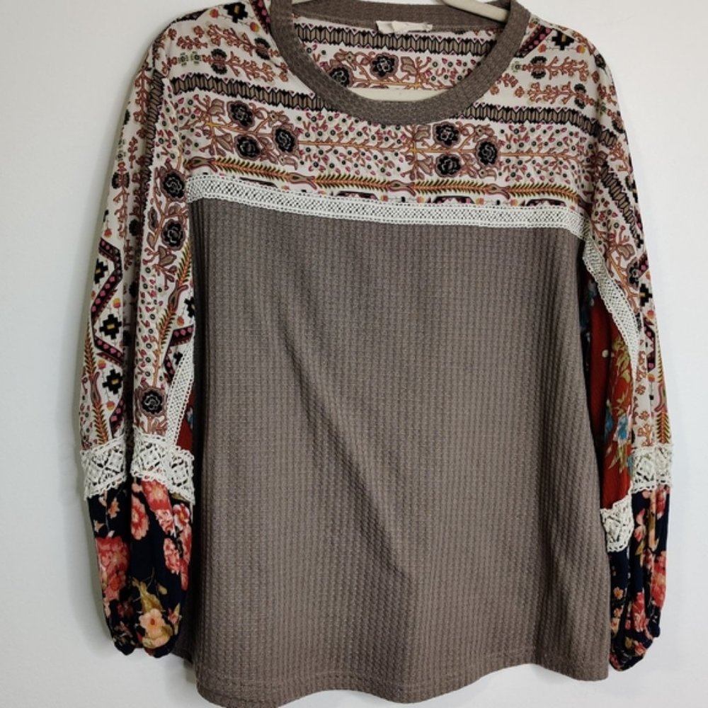 ANTHROPOLOGIE Boho Floral Lace Waffle Blouse EUC sz M - Picture 7 of 13